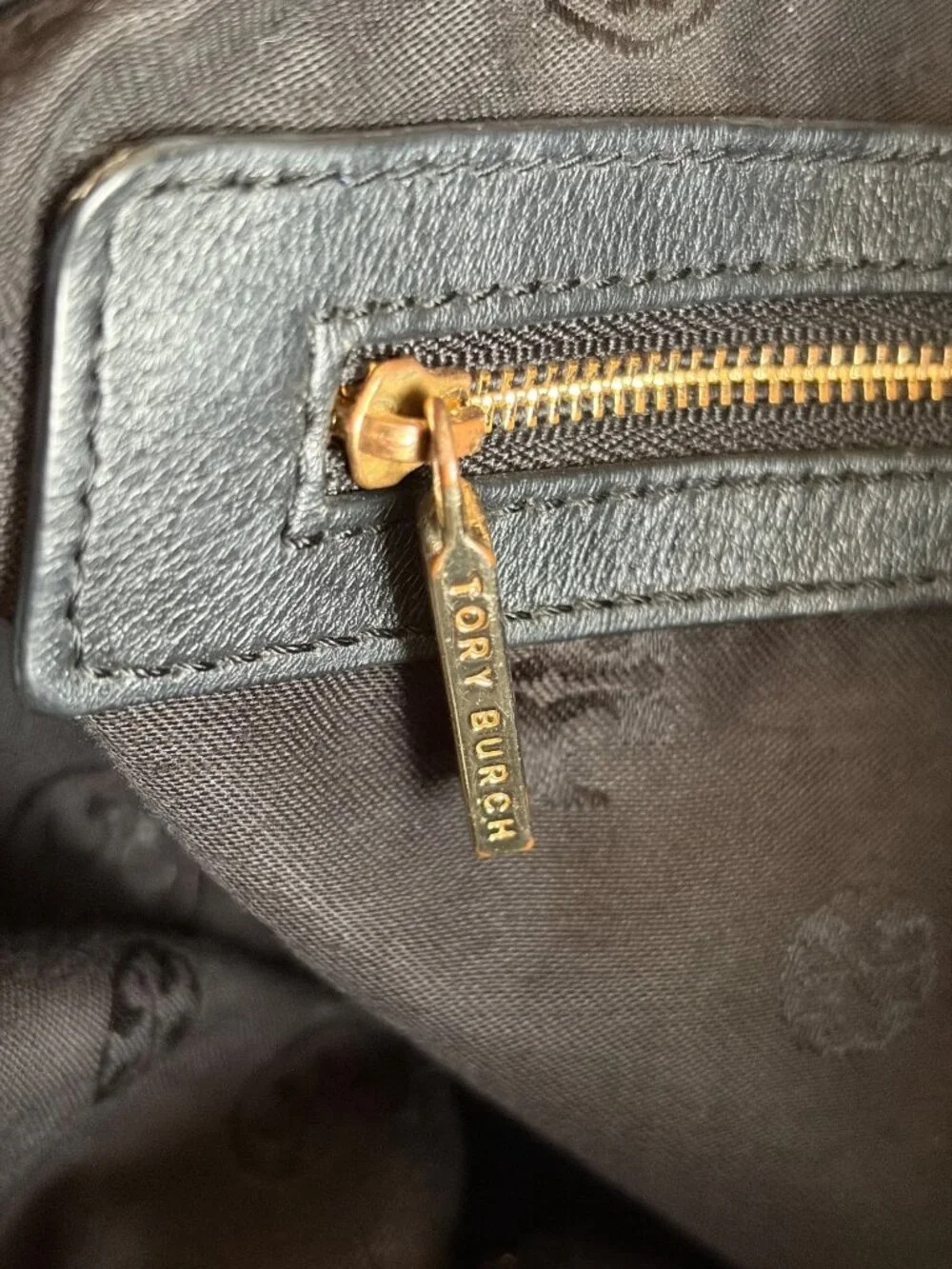 Tory Burch Marion Bag Whipstitch Trim Gold Chain Pebbled Black Shoulder Leather - Picture 9 of 13